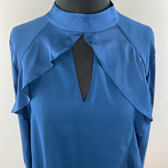 PARKER Blouse Top Back Stretch Back Keyhole Mock Neck Ruffle Size Medium M - Picture 2 of 9